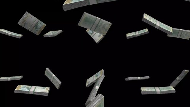 Venezuela Money, Venezuelan Bolivar Banknotes Falling On Black Background, VES Currency Stacks Dark Cinematic, 4K