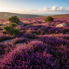 Fototapeta premium Vibrant Purple Heather Blooming Across Rolling Moorland at Golden Sunset