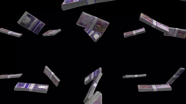 Qatar Money, Qatari Rial Banknotes Falling On Black Background, QAR Currency Stacks Dark Cinematic, 4K