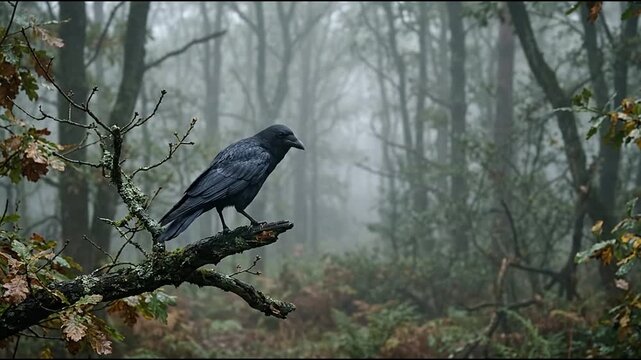 Black raven perched on branch in foggy mysterious forest