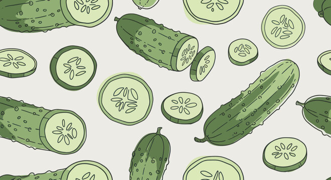 Fresh green cucumbers and slices pattern illustration.