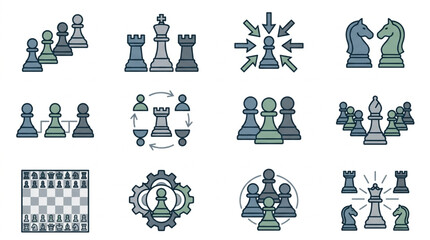 Collection of Chess Pieces and Board Icons Representing Strategy and Competition. © To