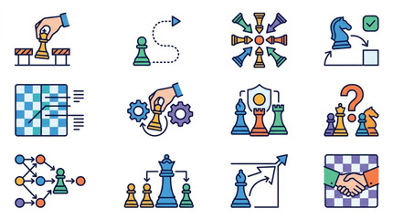 Chess Strategy Icons Representing Business Planning and Decision Making. © To