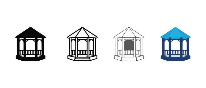 gazebo icons in solid black line art black and white line art white and blue  various styles and colors for design and architecture use
