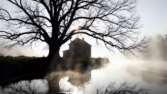 Eerie silhouetted tree looms over a foggy, dilapidated house by the water