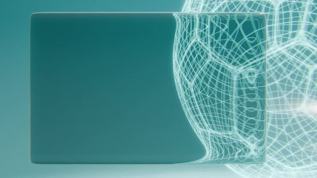 Futuristic 4K seamless loop of a 3D blue and white wireframe soccer ball rotating on a white background. A glossy, flowing wave of liquid glass passes in front for a tech blueprint aesthetic.