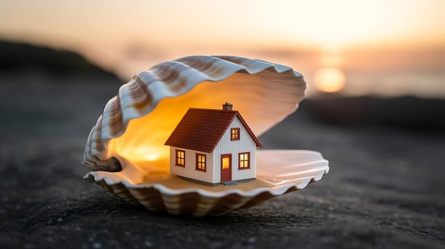 Tiny Coastal House Inside Seashell at Sunset Surreal Home Concept