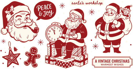 Vintage christmas illustrations of santa claus and holiday decorations