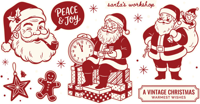 Vintage christmas illustrations of santa claus and holiday decorations
