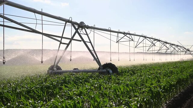 Extensive center pivot irrigation system spraying water across a lush green crop field under bright daylight, demonstrating modern agricultural watering, crop management, sustainable farming practices