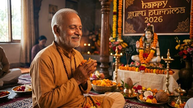 Joyful Senior Man Blessing During Guru Purnima Celebration with Shiva Idol