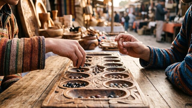 Two people playing a traditional Mancala board game with stones on a wooden table.