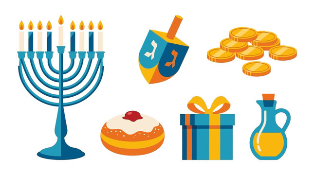 Colorful Hanukkah symbols including menorah dreidel gelt and sufganiyot