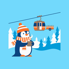 Cute penguin drinking hot cocoa at a winter ski resort with a gondola © ron