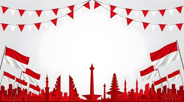 Horizontal banner with red silhouette of Jakarta city landmarks, Monas, Indonesian flags, and festive bunting decorations.