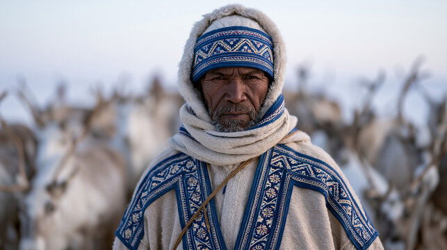 Sami reindeer herder in traditional embroidered garment guiding herd across snowy plateau at overcast midday, wide view of migrating animals, Arctic Indigenous livelihood,