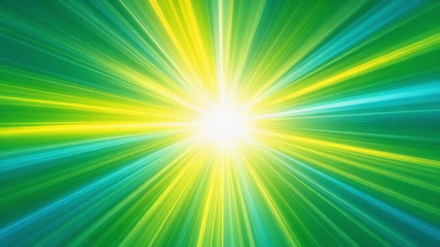Bright abstract burst of green, yellow, and blue light rays