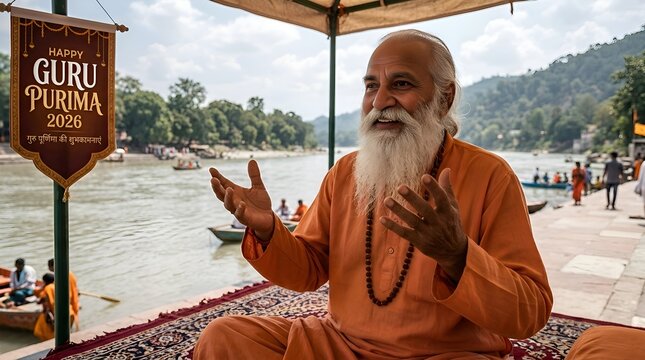 Wise Guru Speaking by River Ganges, Happy Guru Purnima Celebration