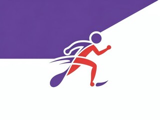 Obraz premium A stylized figure running with a spoon, symbolizing speed or food delivery, set against a purple and white background.