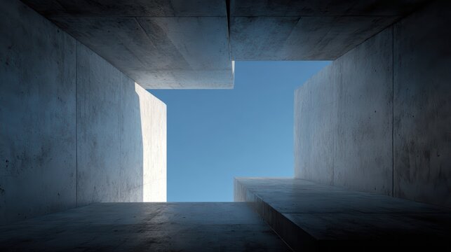 low angle view of tall empty concrete walls, sky visible above, minimalist, symbolic freedom vs confinement