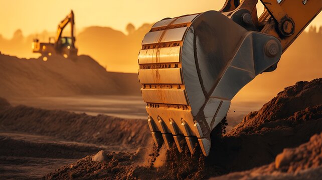 A close-up shot of an excavator bucket digging into dirt in a garden or construction site during sunset. 