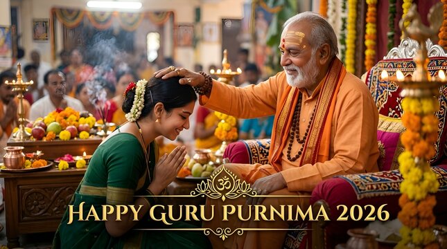 Guru Blessing Devotee, Guru Purnima Celebration, Spiritual Connection, Indian Tradition