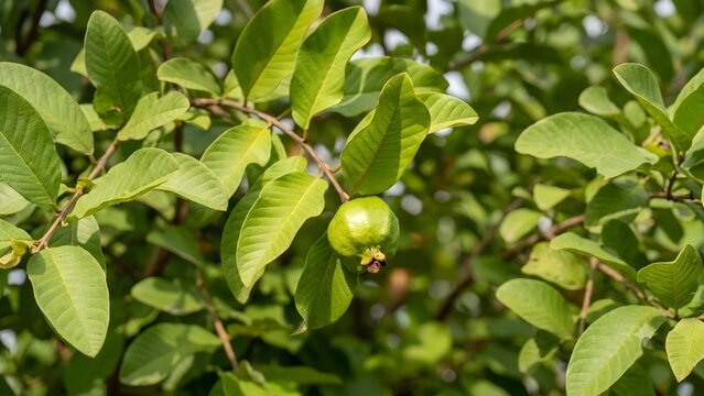 Fresh green guava fruit growing on a tree branch in a lush garden, close-up of organic tropical fruit in nature