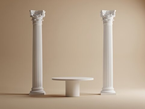 Two classical white Corinthian columns flank a simple round white pedestal table against a beige background.