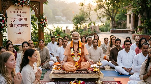 Guru meditating with disciples, Guru Purnima festival celebration, spiritual gathering.