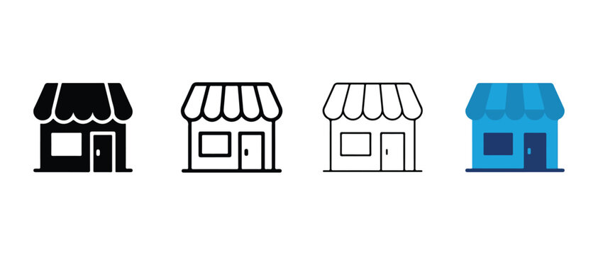 storefront icons with awnings and doors on white background for business and shopping concepts