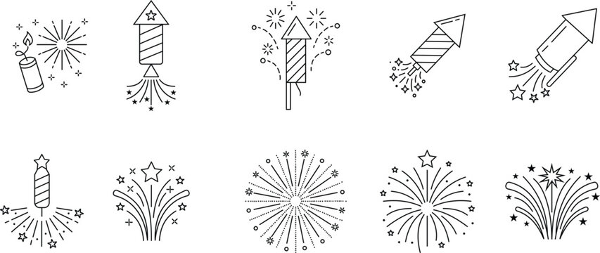 Fireworks and firecracker line icon pack vector set for celebration and festive party with editable stroke including rocket sparkler star burst pyrotechnics explosion and new year celebration objects.
