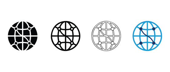 Obraz premium globe network icons in black white and blue on white background for business technology and communication concepts