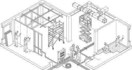 Fototapeta premium Isometric line art vector illustration of interior building construction site with workers and installation processes