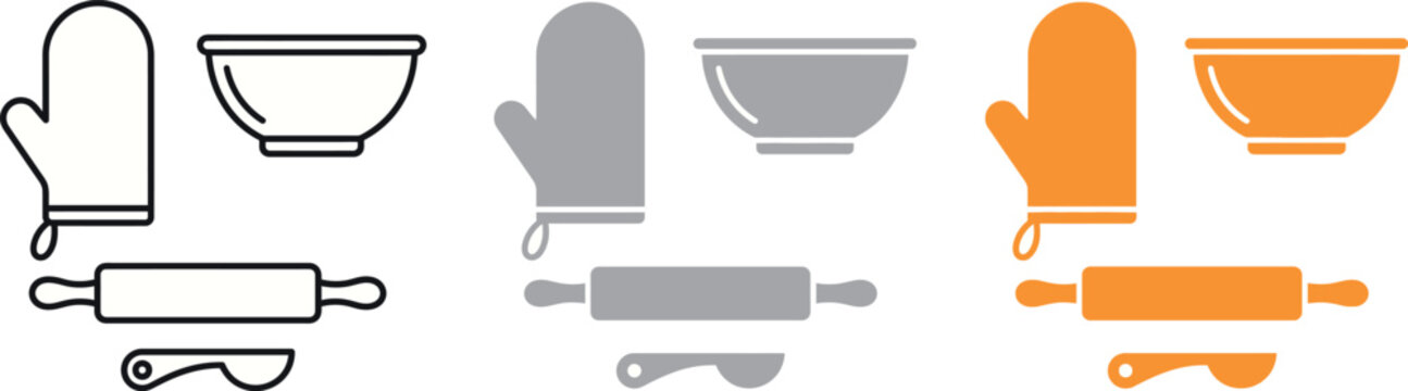 Set of baking and kitchen icons with bowl, oven mitt and rolling pin