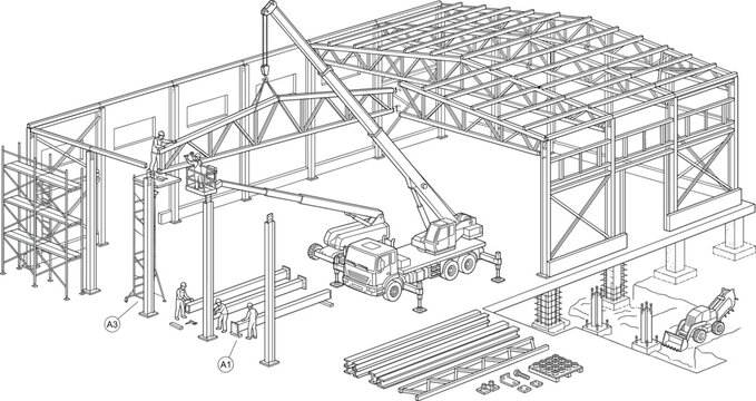Isometric line art vector illustration of a warehouse building construction site with crane and workers