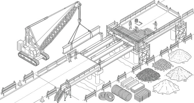 Isometric line art vector illustration of a bridge under construction with crane and workers