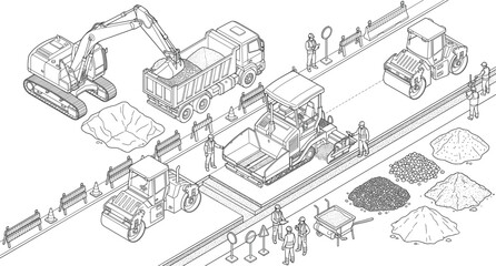 Isometric line art vector illustration of road construction site with workers and heavy machinery © Mahsina