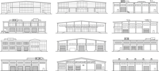 Set of industrial warehouse and factory building line art icons architectural facade vector illustration © Mahsina