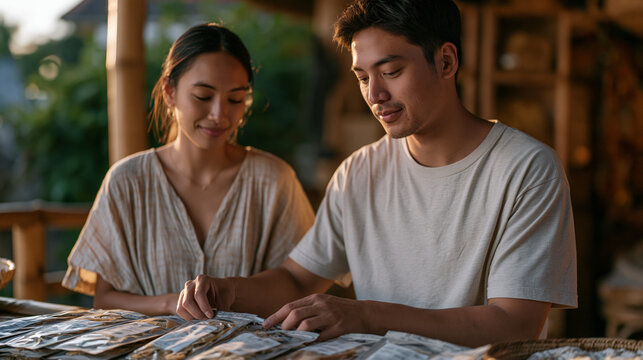 Filipino couple dynamic &mdash; husband and wife packaging dried mango slices in labeled pouches at their home-based food processing station, golden hour, Southeast Asia cottage