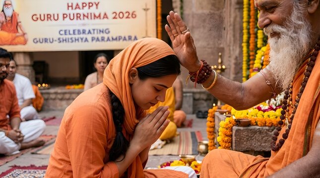 Guru Purnima blessing: Guru places hand on devotee's head, celebrating tradition