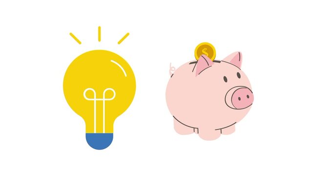Business icon sign, animated lightbulb, light bulb, piggybank, piggy bank cartoon vector. Making money illustration idea, creative, economic symbol. Simple isolated animation, white screen background