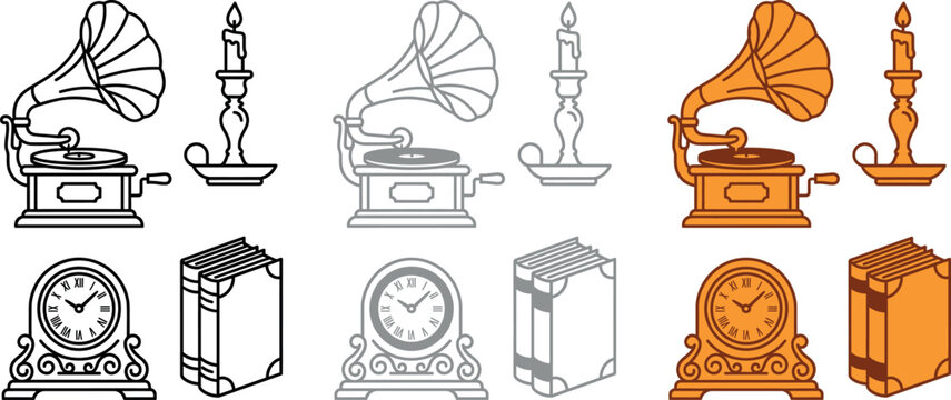 Vintage objects set including gramophone, candle, clock and books