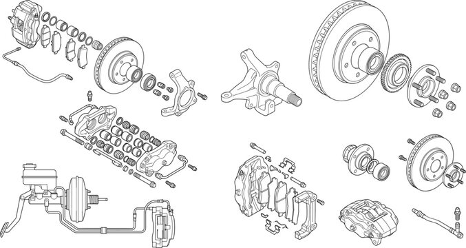 Technical blueprint vector of car disc brake assembly exploded view and mechanical parts diagram