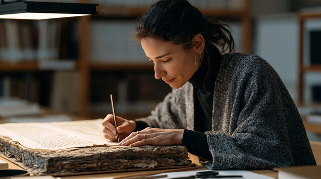 Lebanese bookbinding conservator carefully reattaching a disintegrating manuscript spine under a daylight lamp in a university archive, over the shoulder view, Middle East