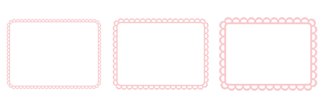Set of rectangle frames with scallop edge. Ornate border with different size embroidery. Baby pink background. Vector lacework