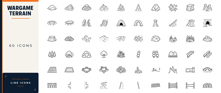 Tabletop wargame terrain line icon set featuring mountains, hills, forests, craters, bridges, roads, ruins, and defensive fortifications