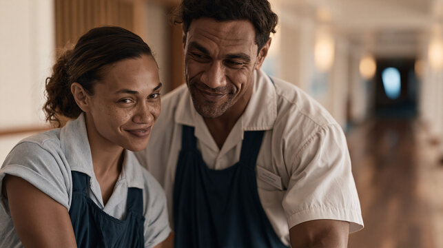 Pacific Islander commercial cleaning supervisor training new hire on hospital-grade floor sanitization protocol, hotel corridor setting, Fiji tourism industry, professional