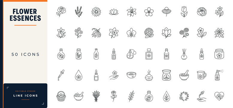 Flower essences line icon set featuring botanical blossoms, essential oil bottles, aromatherapy diffusers, and herbal remedies