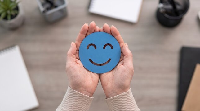 Top-down Angled Shot of Hands Presenting Blue Paper Smile Face Symbolizing Mental Health Assessment, Psychological Therapy Support, and Emotional Wellbeing Concepts