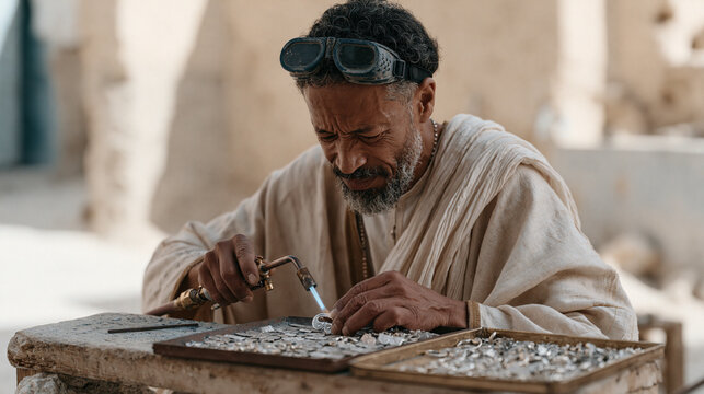 Berber silversmith in dusty medina workshop uses torch to solder traditional fibula clasp, protective goggles pushed up on forehead, trays of stamped silver components on low